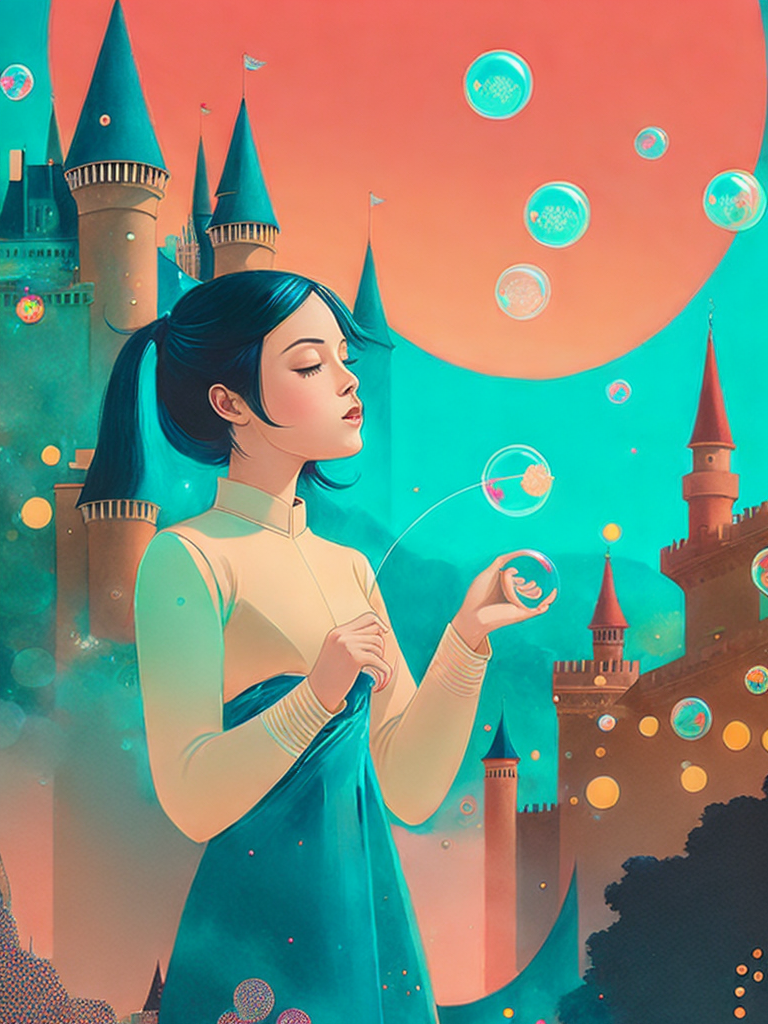 01065-2514439260-a painting of a girl blowing bubbles into the air with a castle in the background by Victo Ngai.png